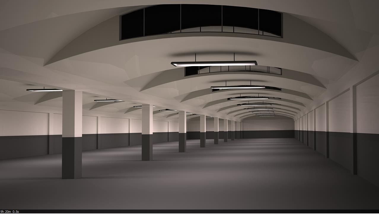 Warehouse long hallway with arches and lights Low-poly 3D model_1