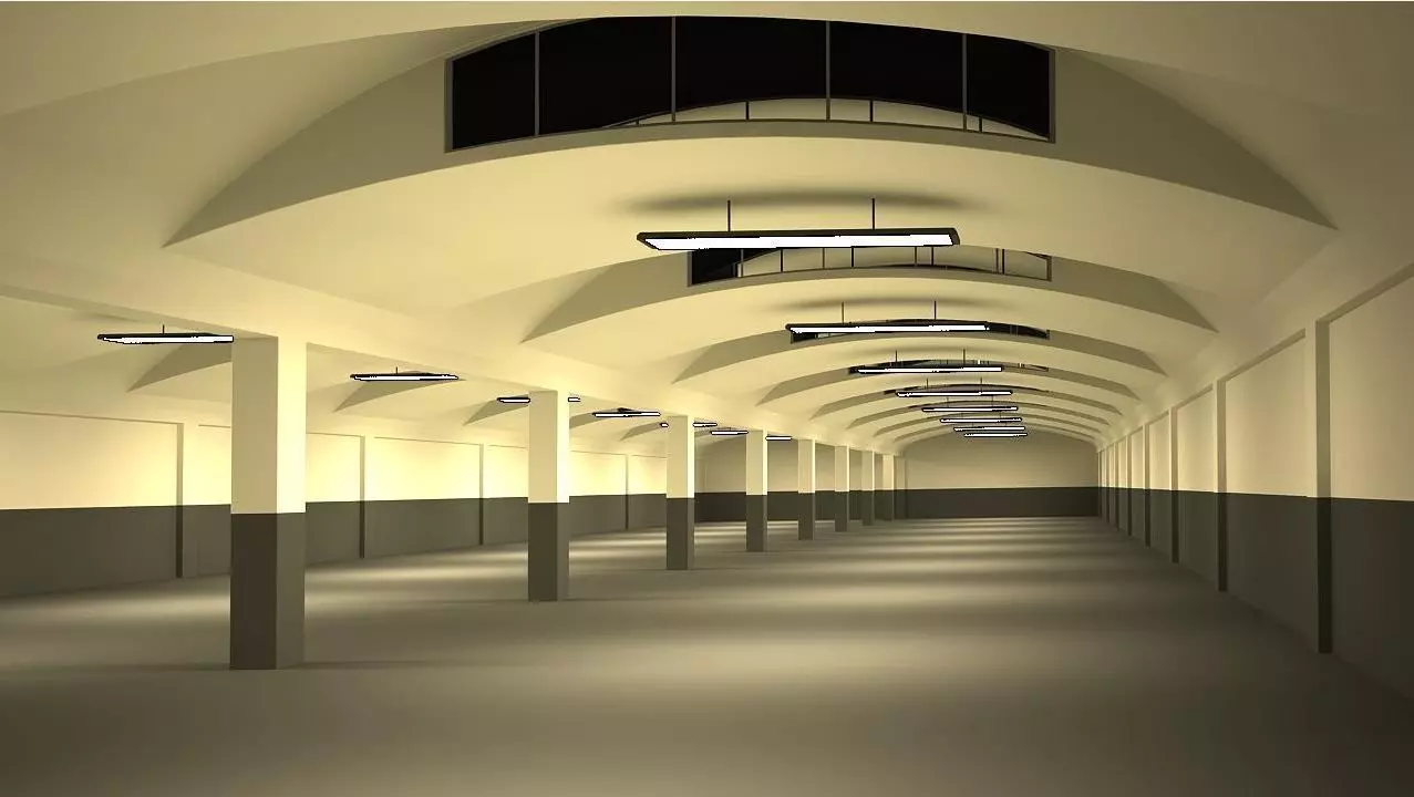 Warehouse long hallway with arches and lights Low-poly 3D model_0