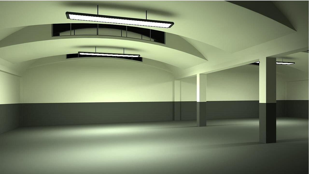 Warehouse long hallway with arches and lights Low-poly 3D model_2