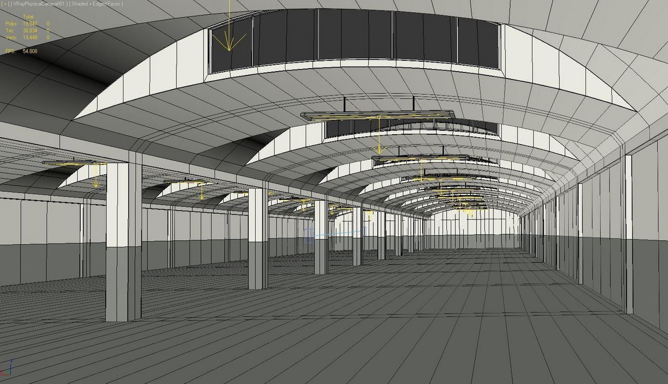 Warehouse long hallway with arches and lights Low-poly 3D model_5