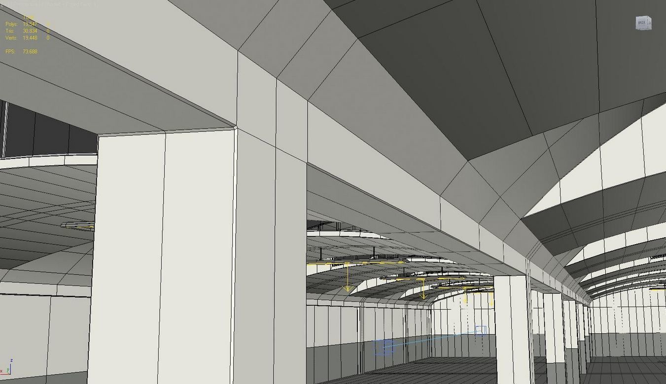 Warehouse long hallway with arches and lights Low-poly 3D model_6