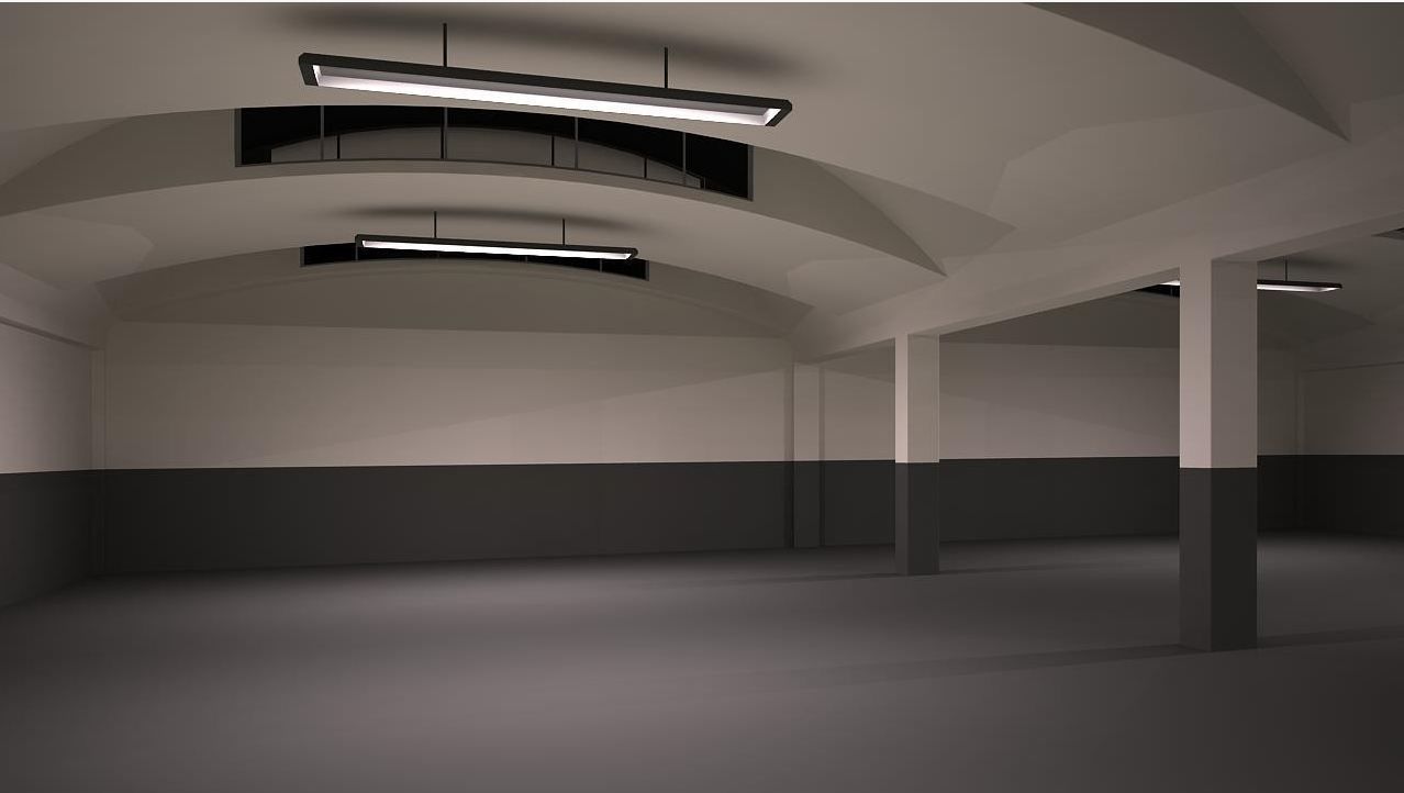 Warehouse long hallway with arches and lights Low-poly 3D model_3