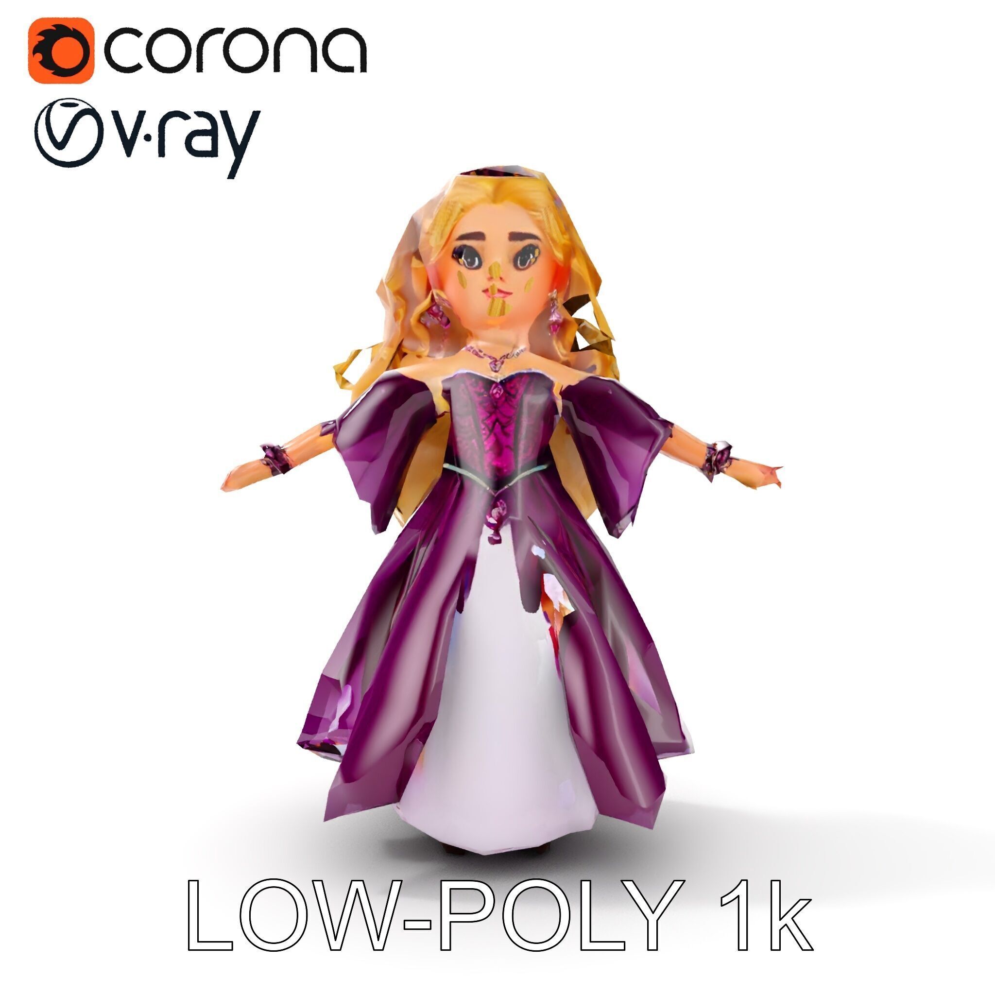Princess Fantasy Character Model Rigged and Animated Low-poly 3D model_28