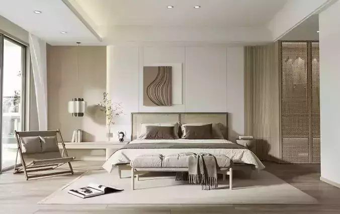 Bedroom 3D Interior Scene Wabi Sabi Style  062