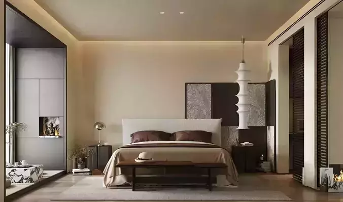 Bedroom 3D Interior Scene Wabi Sabi Style 058