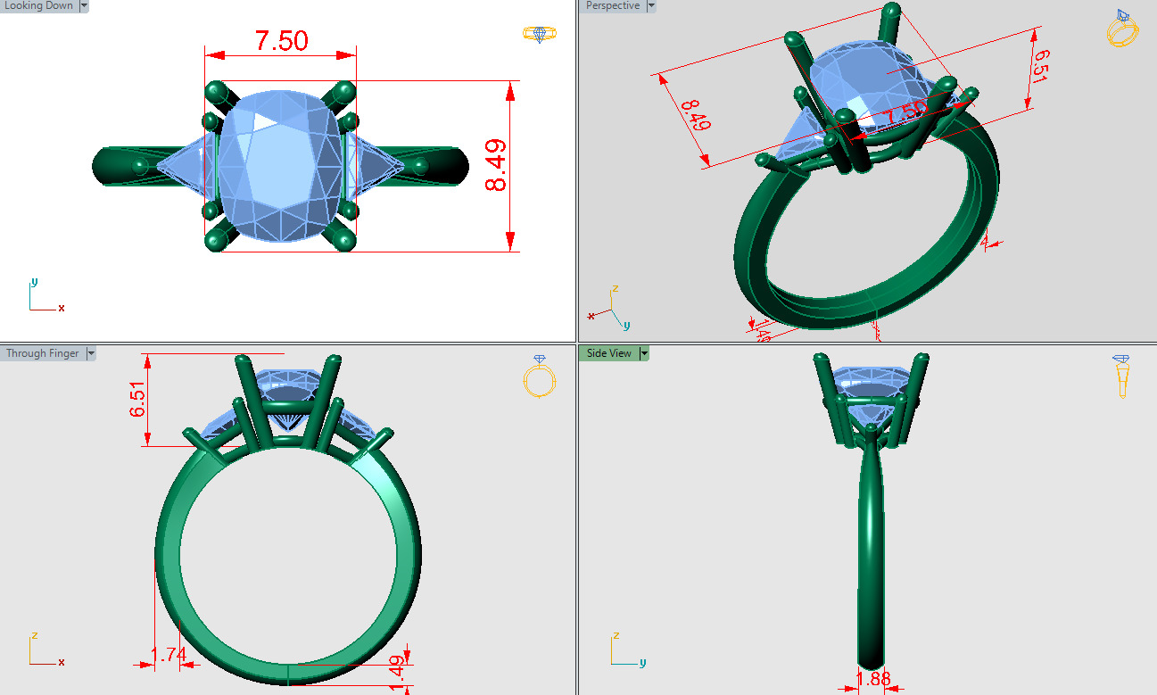 Three-Stone cushion ring with triangle stones on the side 3D print model_4