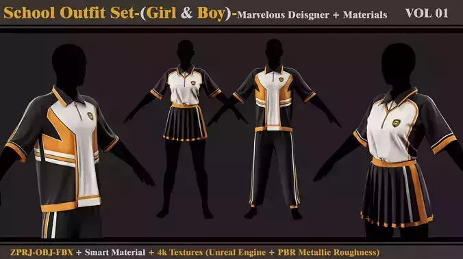 School Outfit Set-BOY-GIRL- MD-Clo3d-Material-Textures-OBJ-FBX