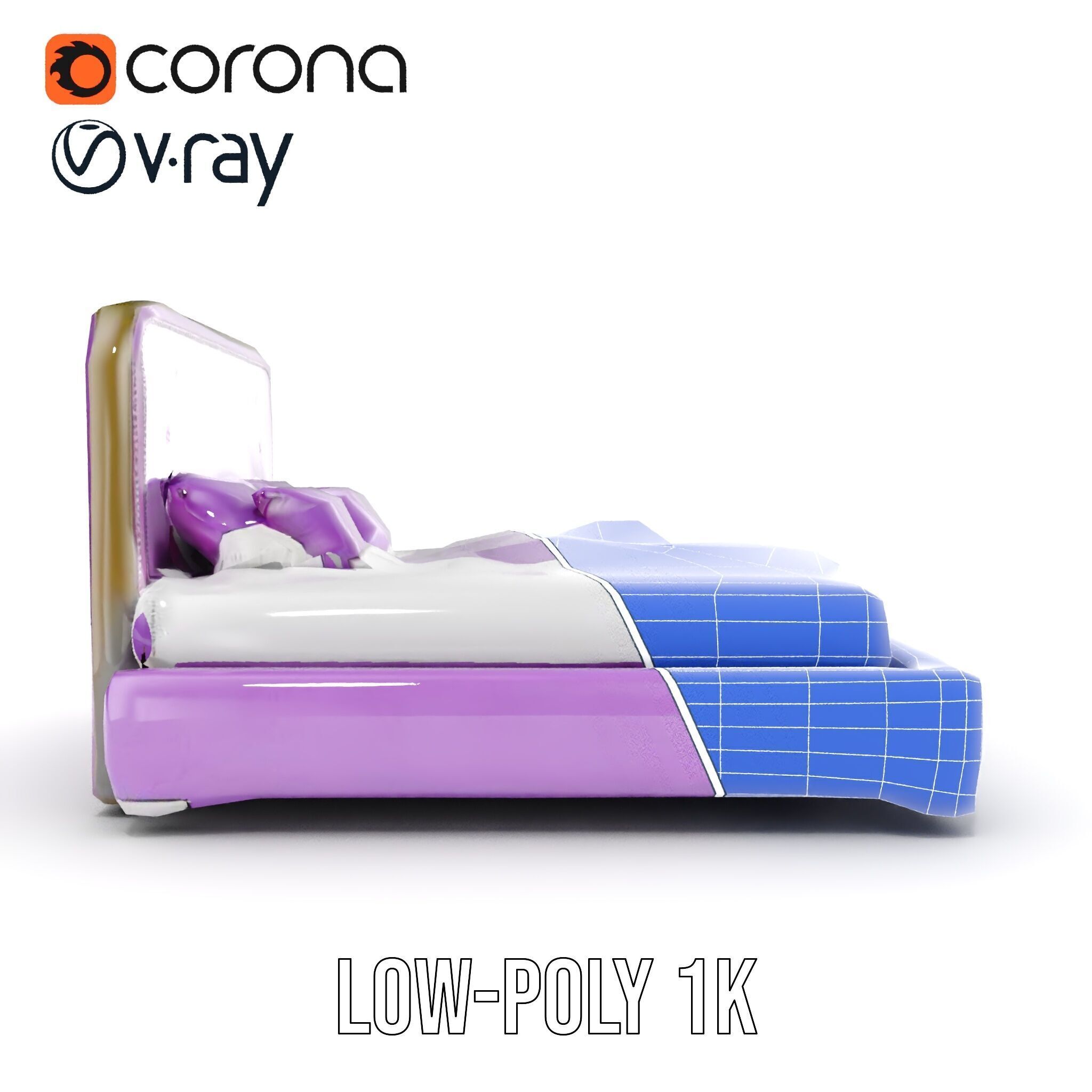 Luxurious Purple Bed Model Pack for Interior Design Low-poly 3D model_18