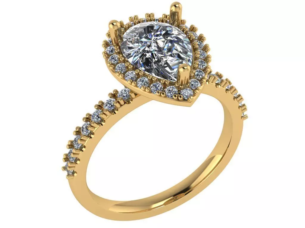 Pear shape halo ring with pave setting along the shank 3D print model_0