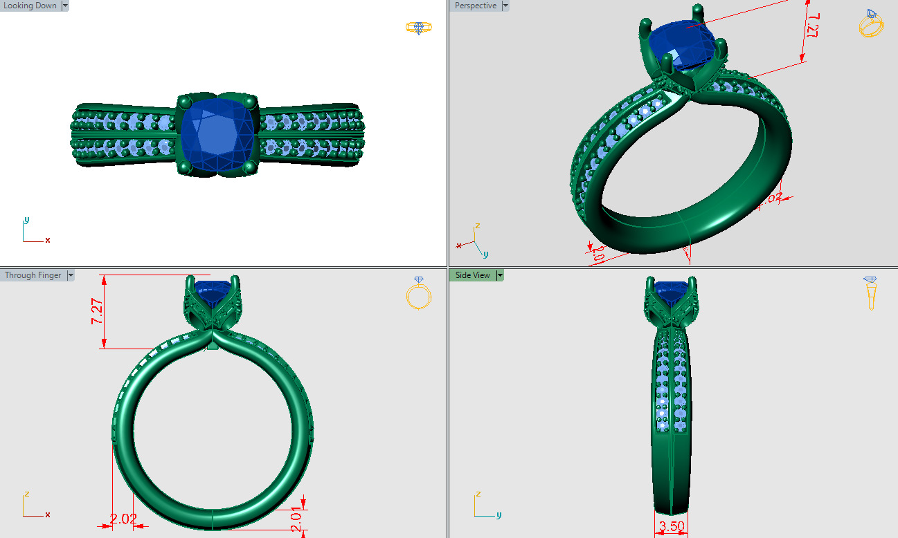 Cushion-Square ring with double channel stones along the shank 3D print model_4
