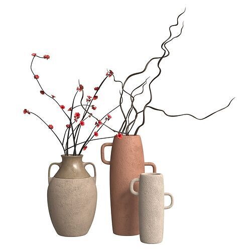 Clay vases with flowers and branches 3D model