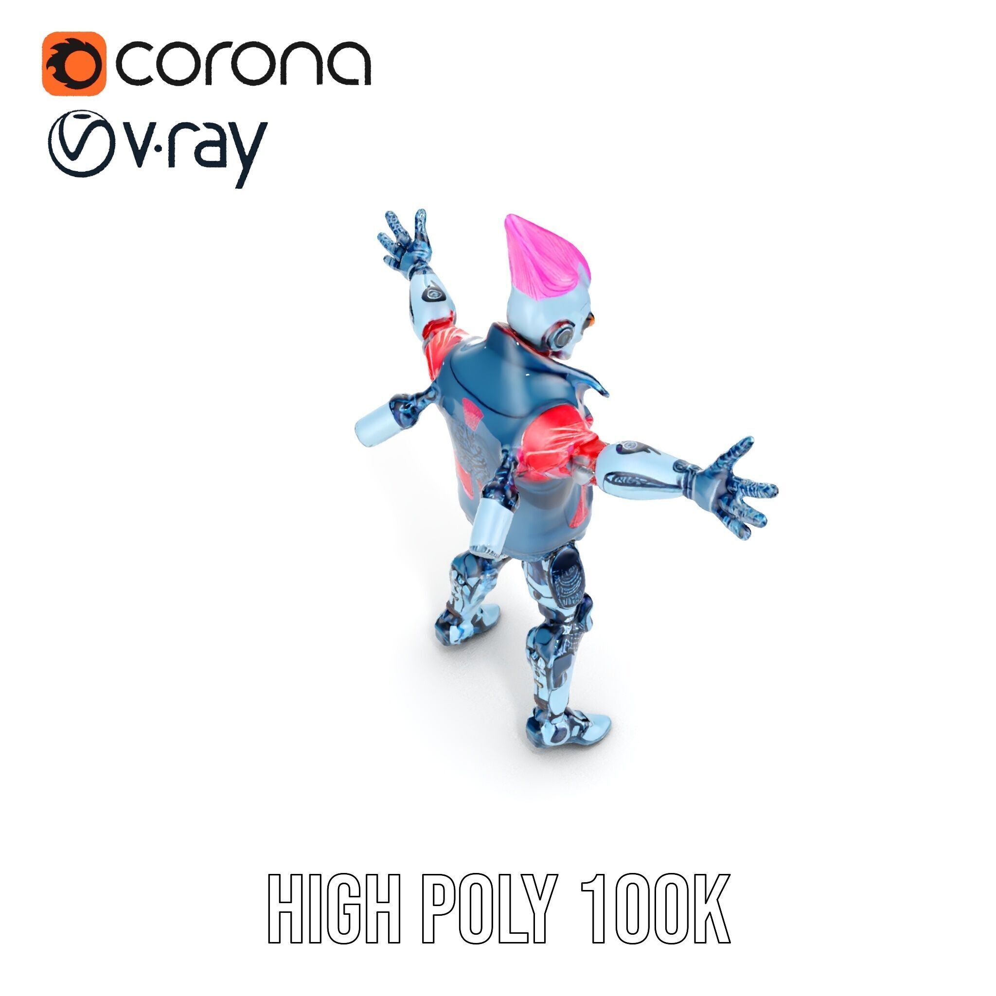 Cyberpunk Robot with Pink Mohawk Rigged and Animated Low-poly 3D model_19