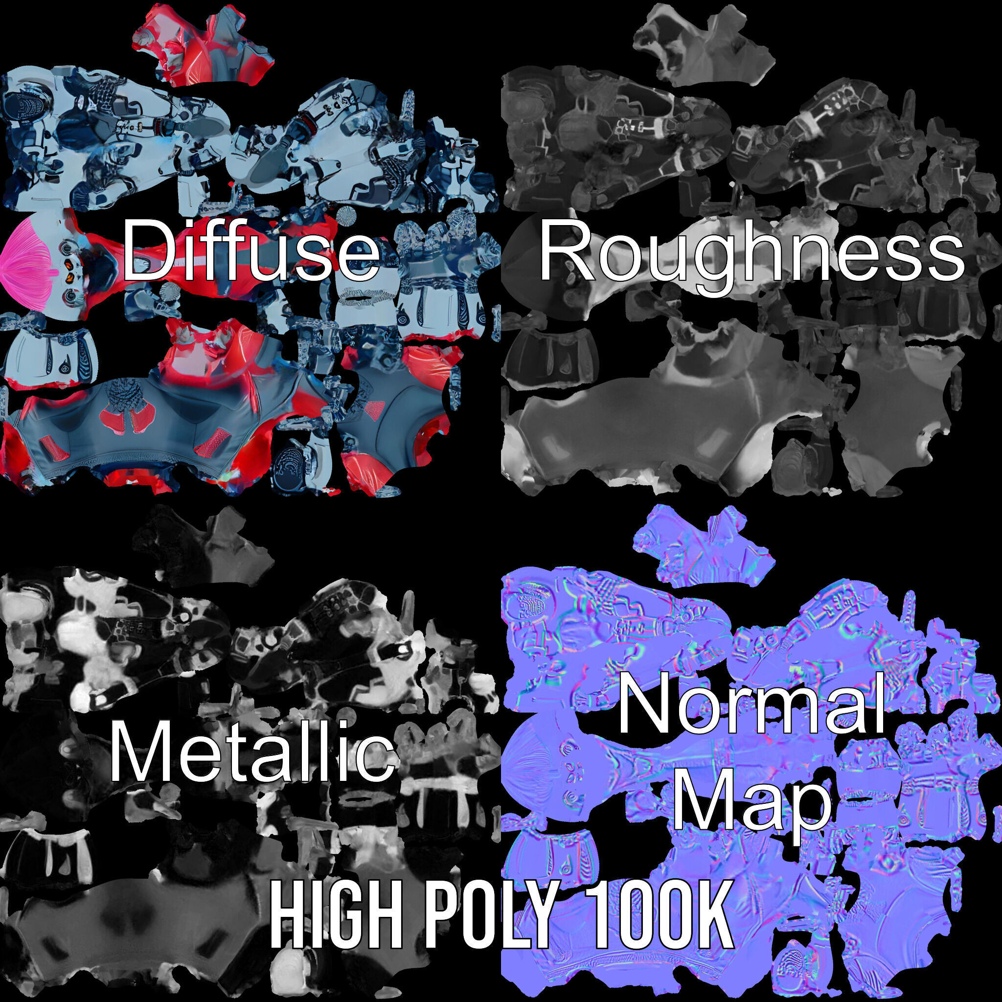 Cyberpunk Robot with Pink Mohawk Rigged and Animated Low-poly 3D model_3