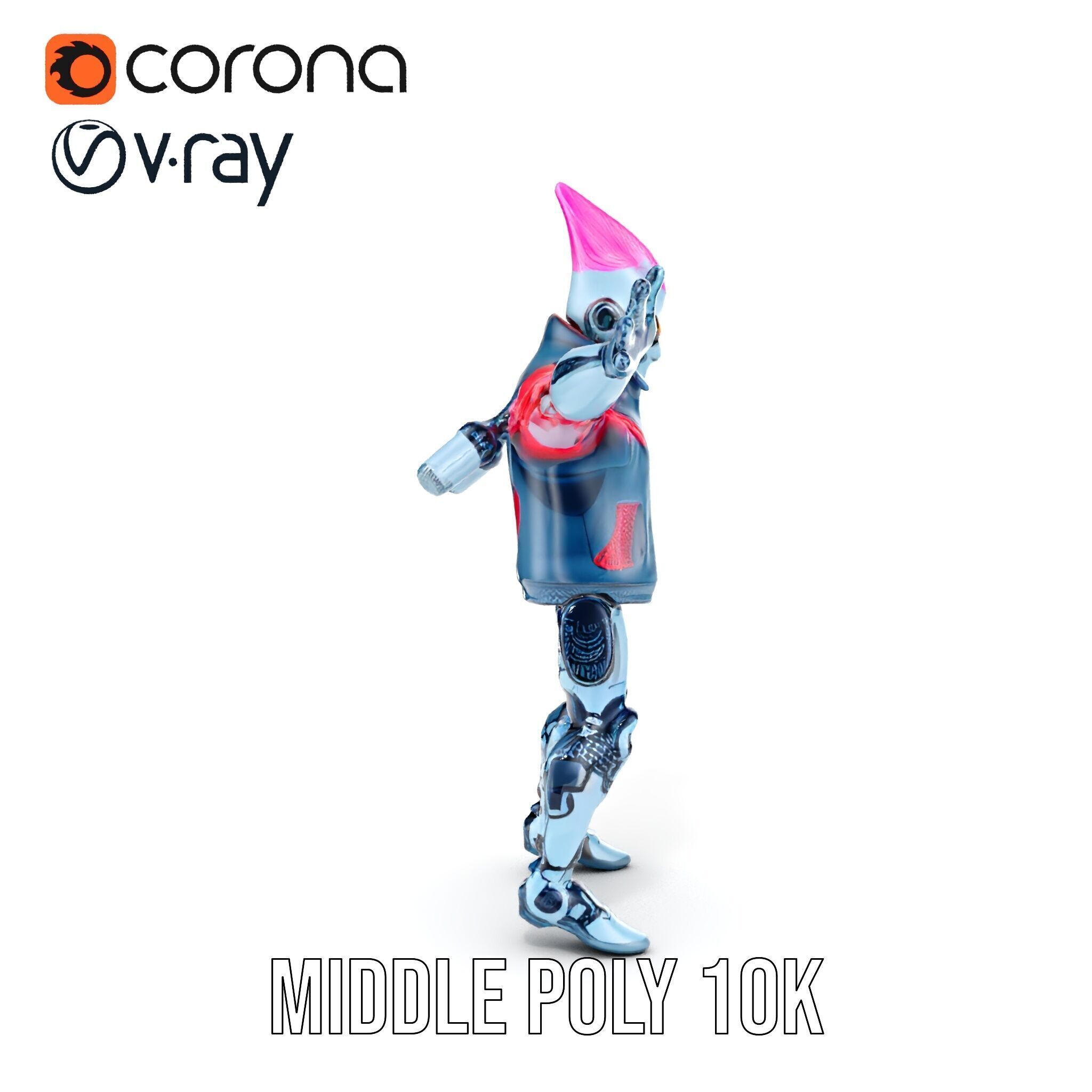 Cyberpunk Robot with Pink Mohawk Rigged and Animated Low-poly 3D model_31