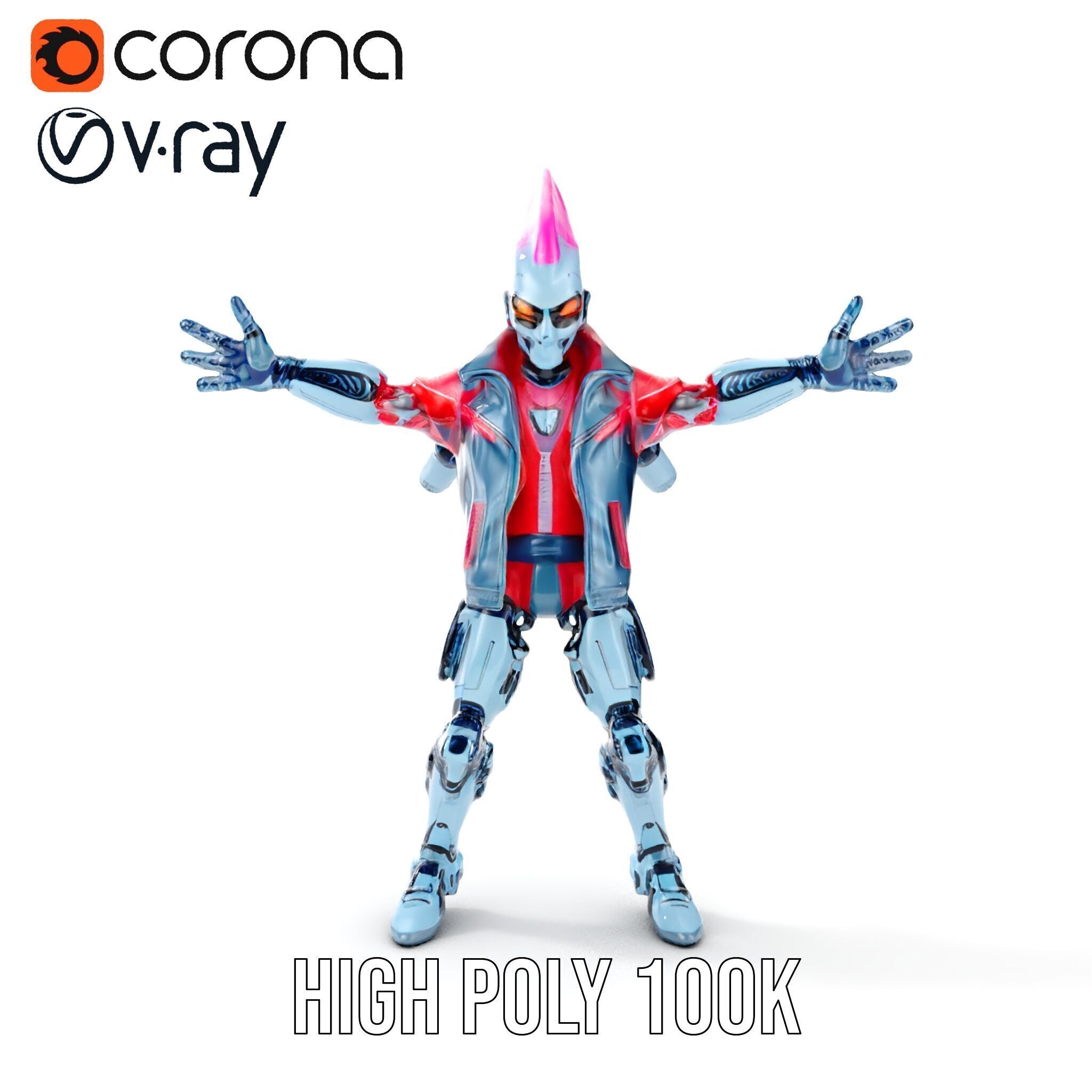 Cyberpunk Robot with Pink Mohawk Rigged and Animated Low-poly 3D model_24