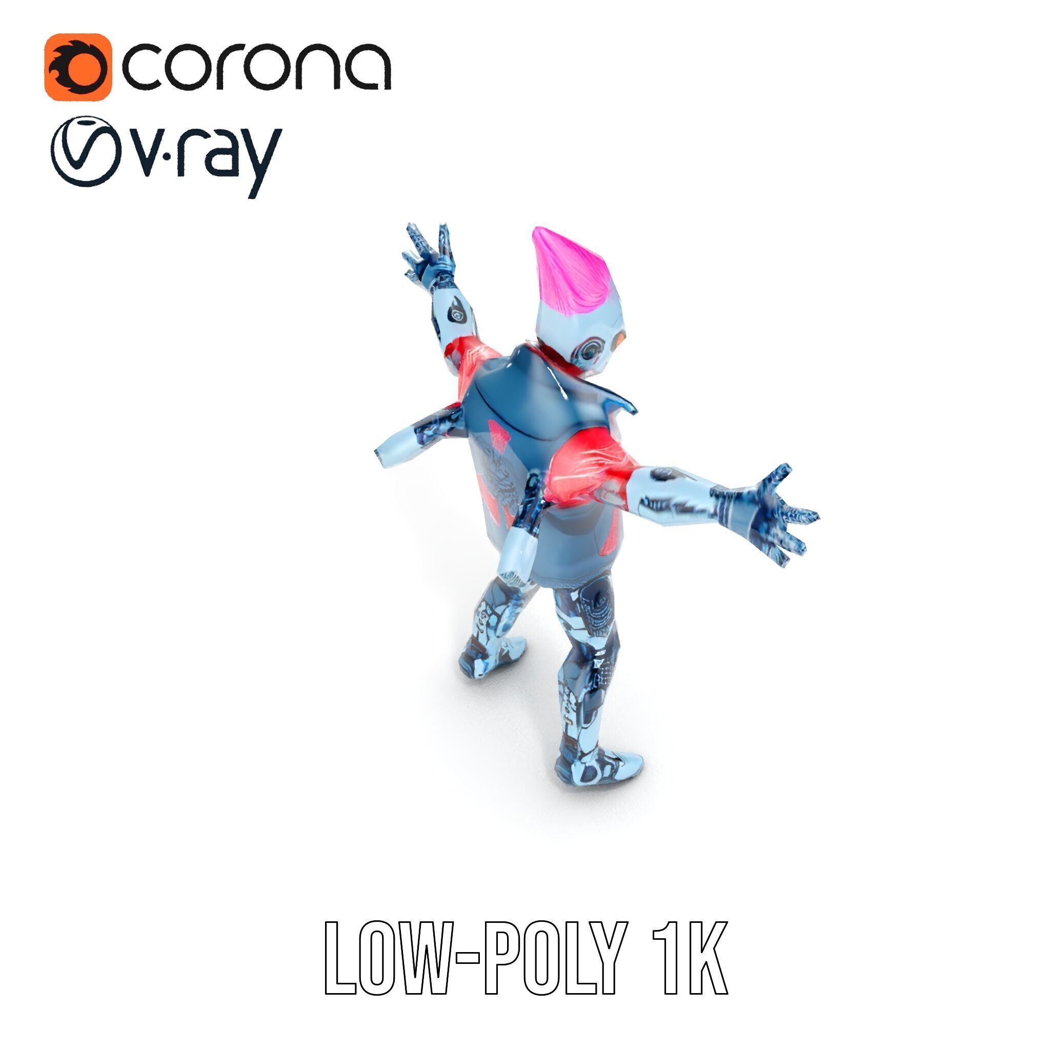 Cyberpunk Robot with Pink Mohawk Rigged and Animated Low-poly 3D model_7