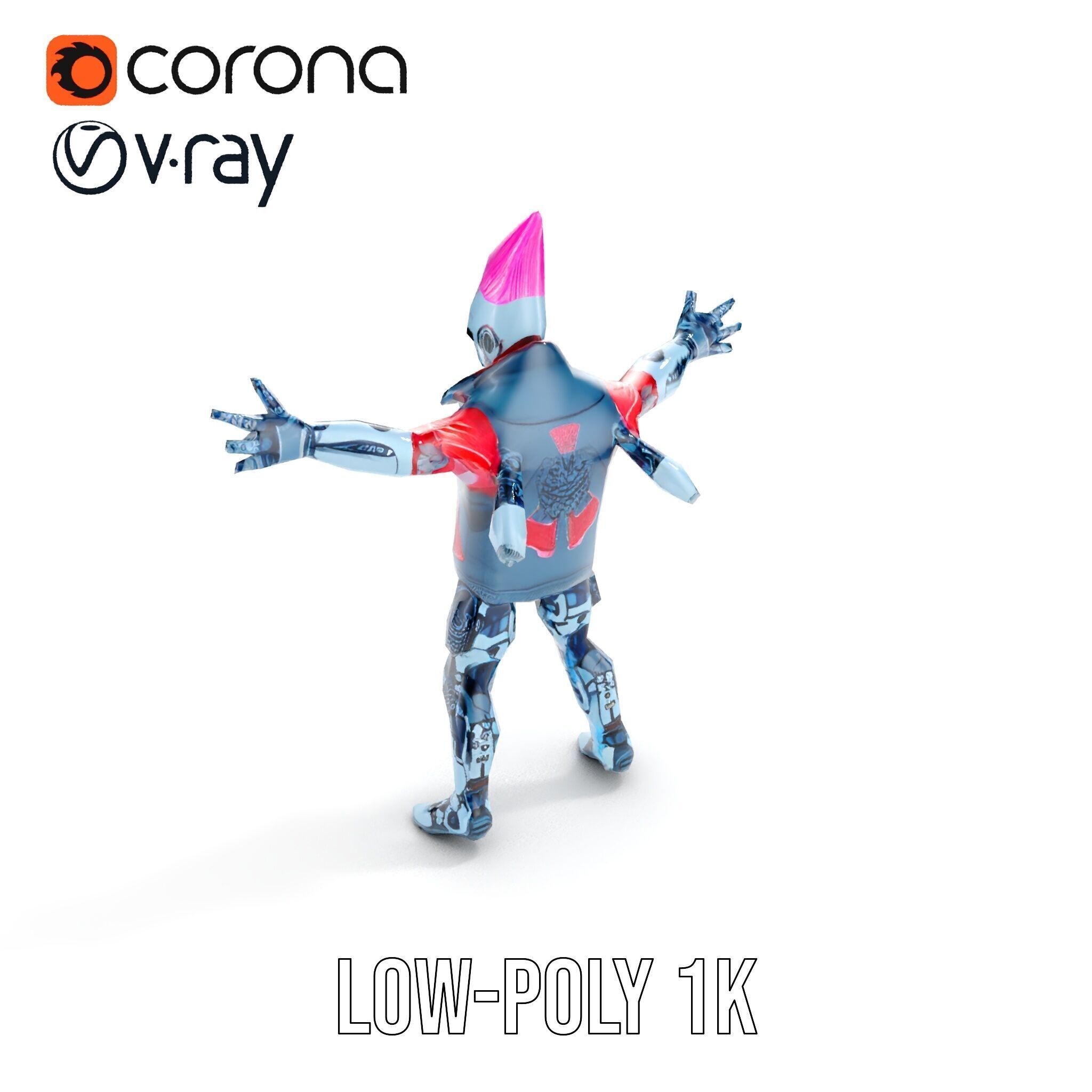 Cyberpunk Robot with Pink Mohawk Rigged and Animated Low-poly 3D model_16