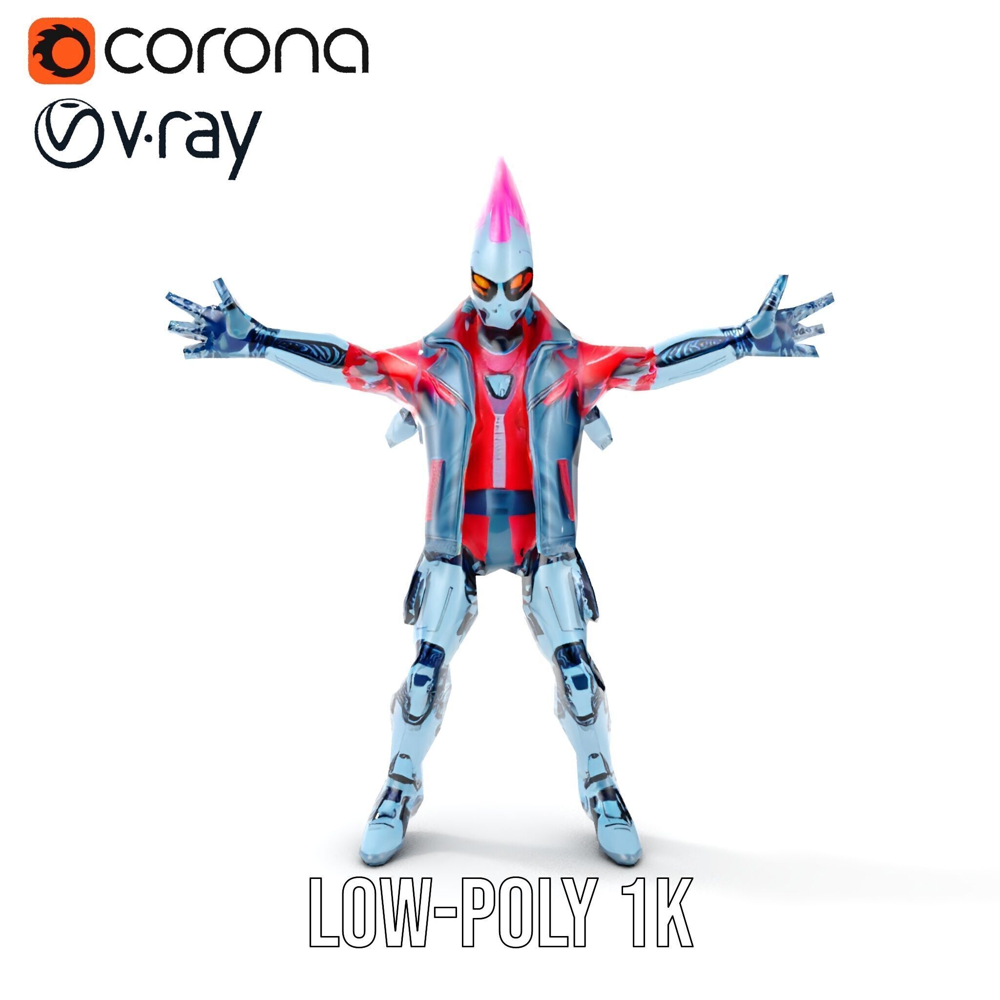 Cyberpunk Robot with Pink Mohawk Rigged and Animated Low-poly 3D model_13