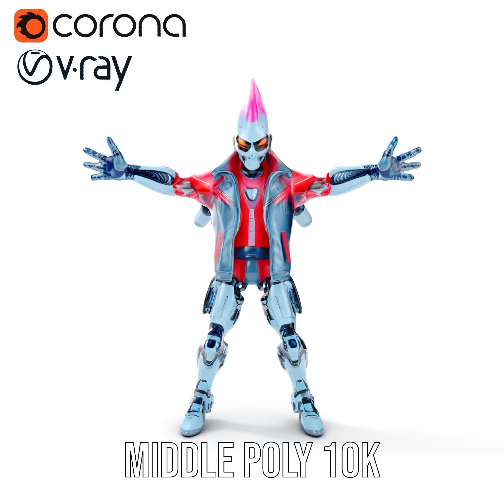 Cyberpunk Robot with Pink Mohawk Rigged and Animated Low-poly 3D model_17