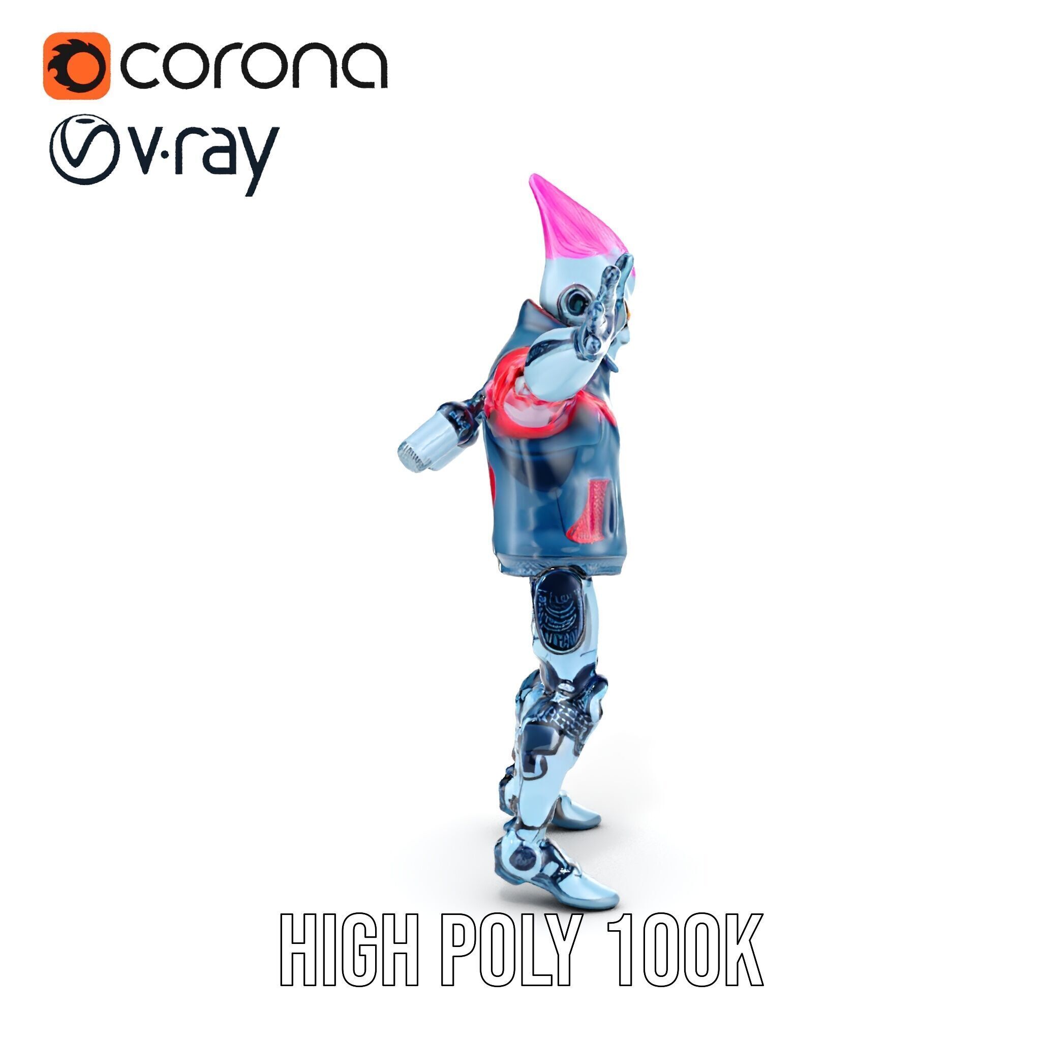 Cyberpunk Robot with Pink Mohawk Rigged and Animated Low-poly 3D model_40