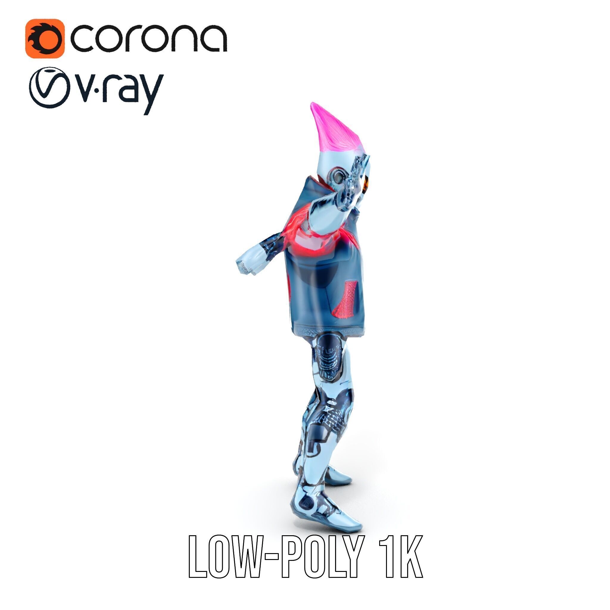 Cyberpunk Robot with Pink Mohawk Rigged and Animated Low-poly 3D model_29