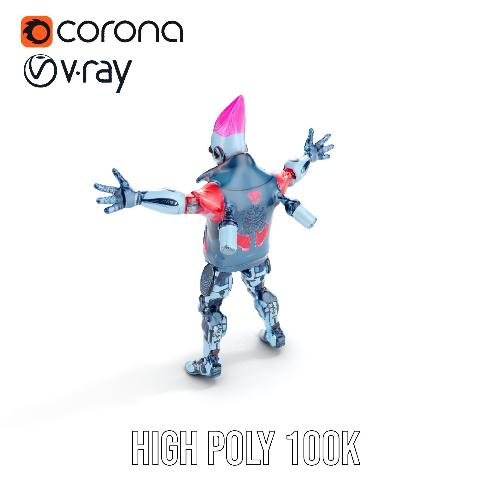 Cyberpunk Robot with Pink Mohawk Rigged and Animated Low-poly 3D model_27