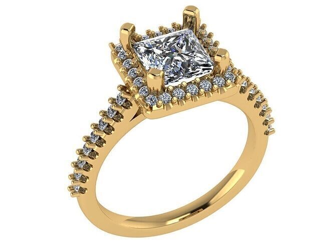 Princess shape halo ring with pave along the shank 3D print model