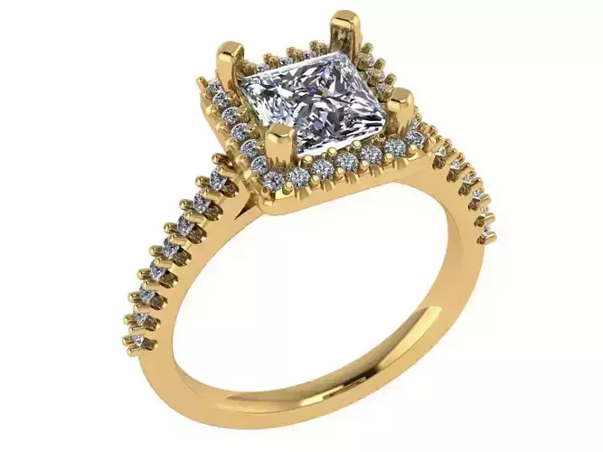 Princess shape halo ring with pave along the shank