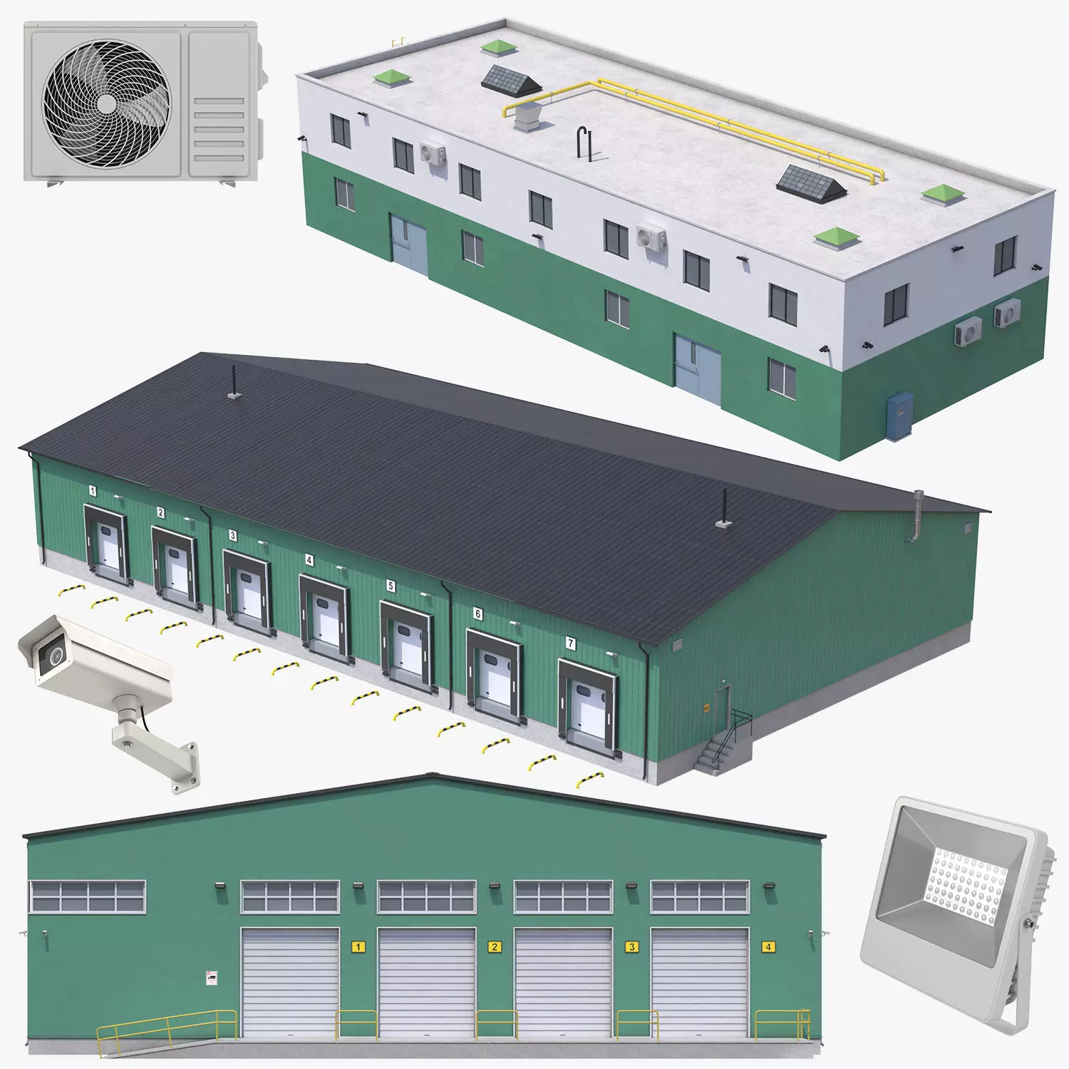 3 Green Industrial Buildings  3D Model Collection_0