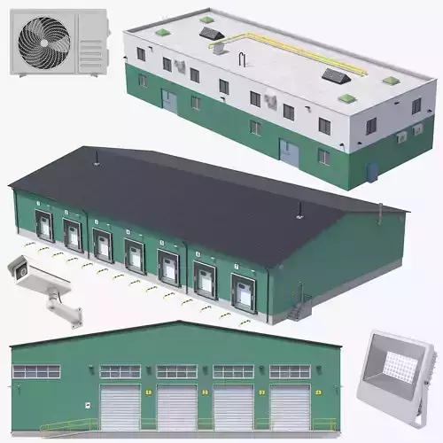 3 Green Industrial Buildings  3D Model Collection