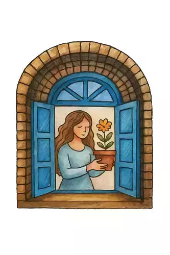 Watercolor Window Illustration Woman Holding Flower Pot 3D model