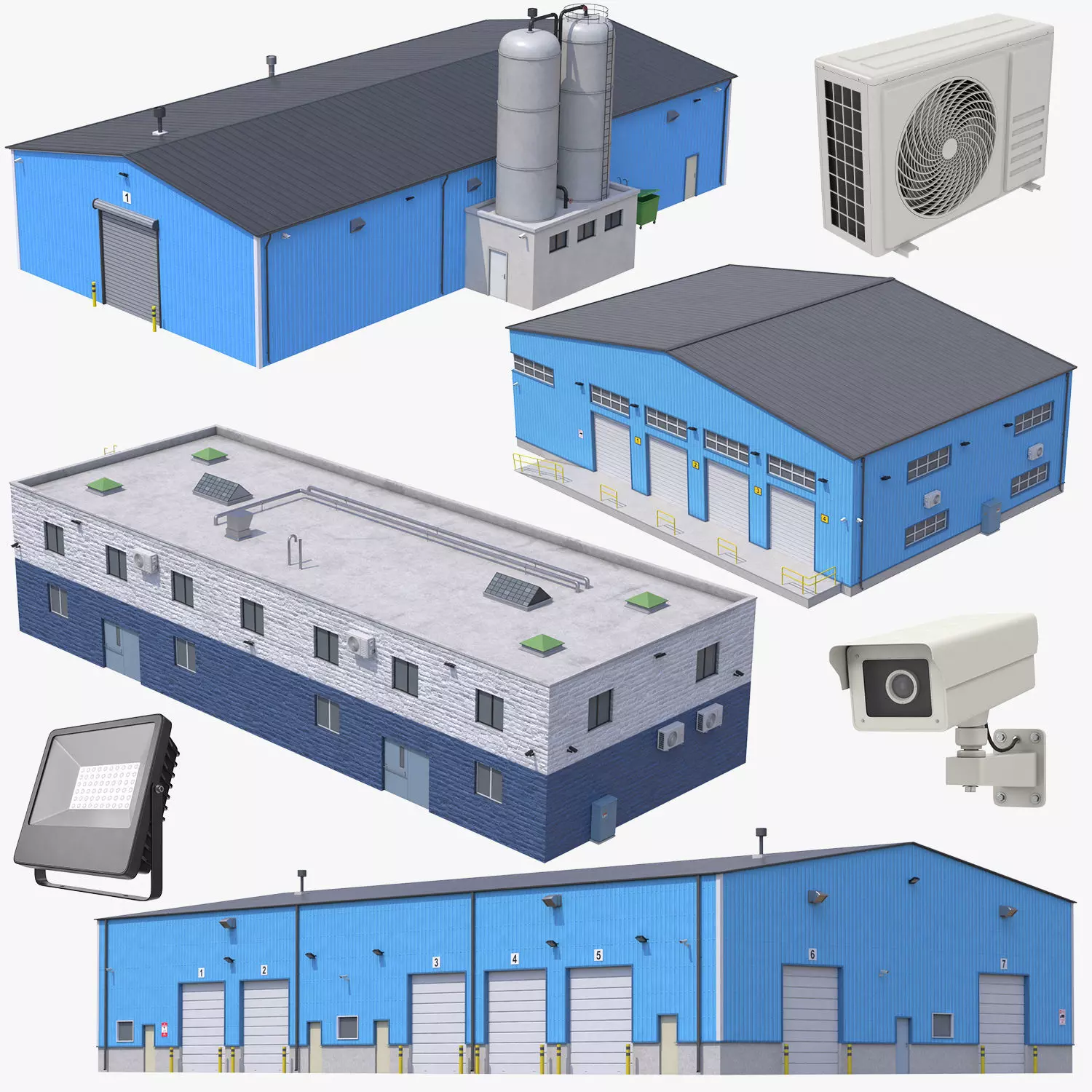 4 Blue Industrial Buildings 3D Model Collection_0