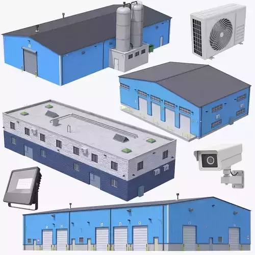 4 Blue Industrial Buildings 3D Model Collection