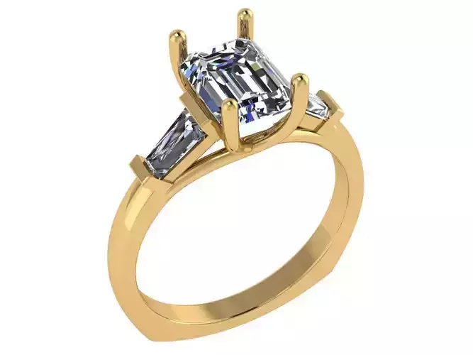 Emerald shaped ring with Baguette diamonds on both sides