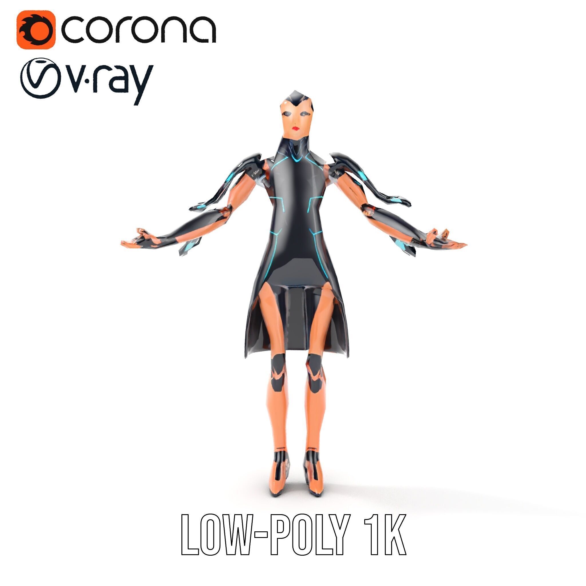 Futuristic Cyborg Female Character  Rigged and Animated Low-poly 3D model_16