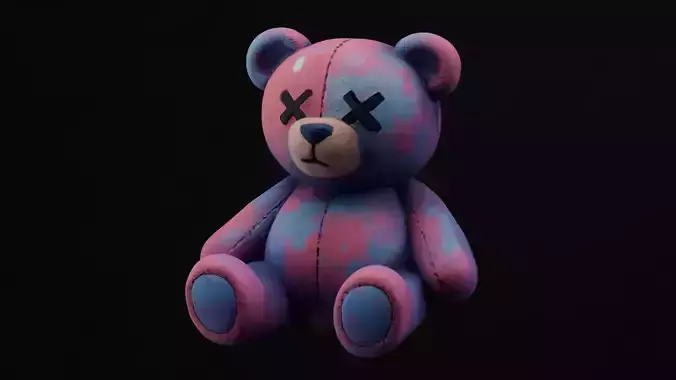 Stylized Old Patchy Colorful Sad Teddy Bear with X Eyes 3D model