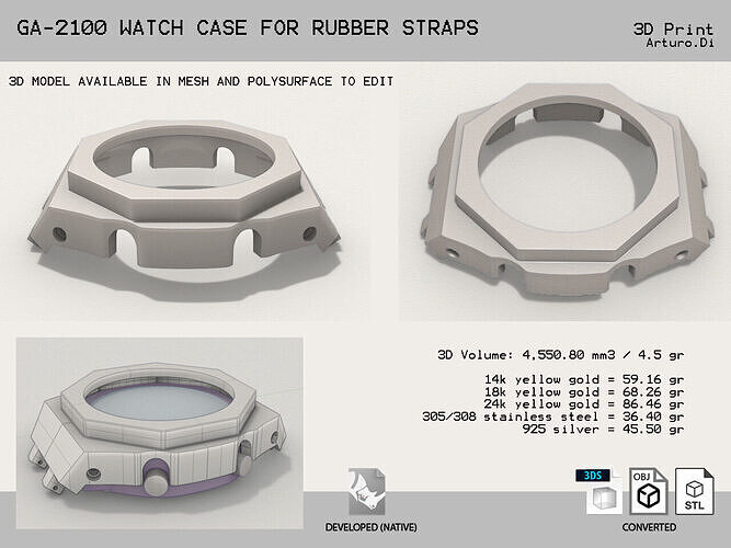 GA 2100 watch case for rubber straps 3D print model