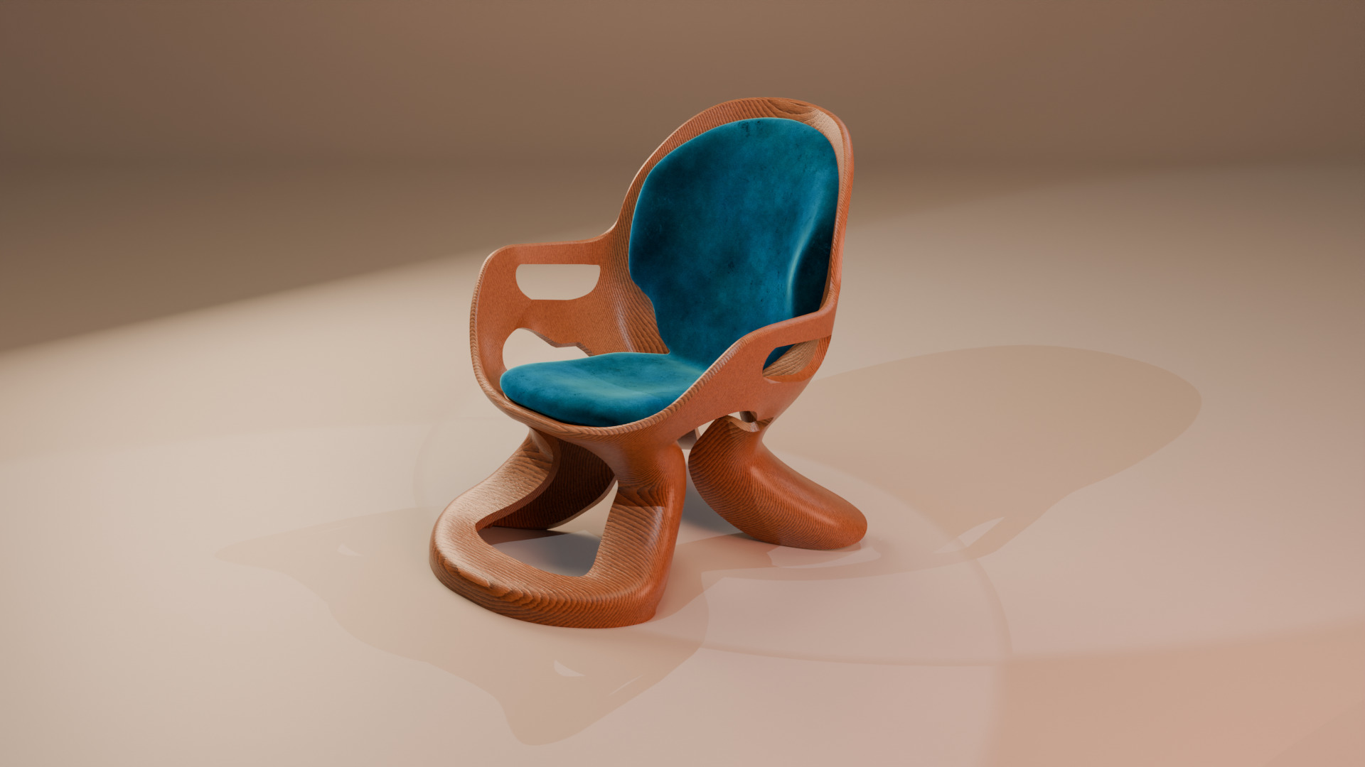 Sculptural Wood Lounge Chair Deep Blue Suede Woodys 010 3D model
