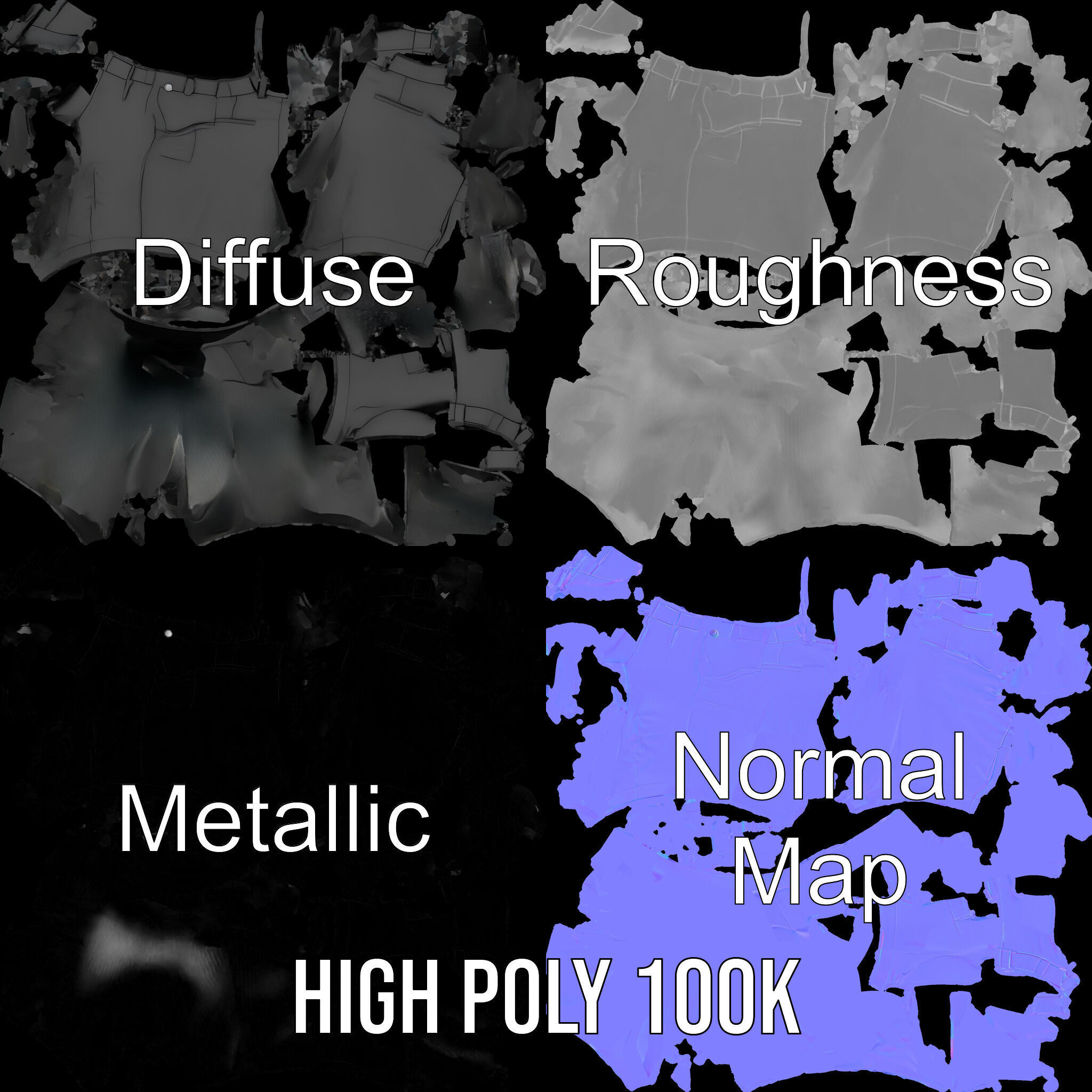 D Shorts Model Pack  Realistic Black Fabric Low-poly 3D model_3