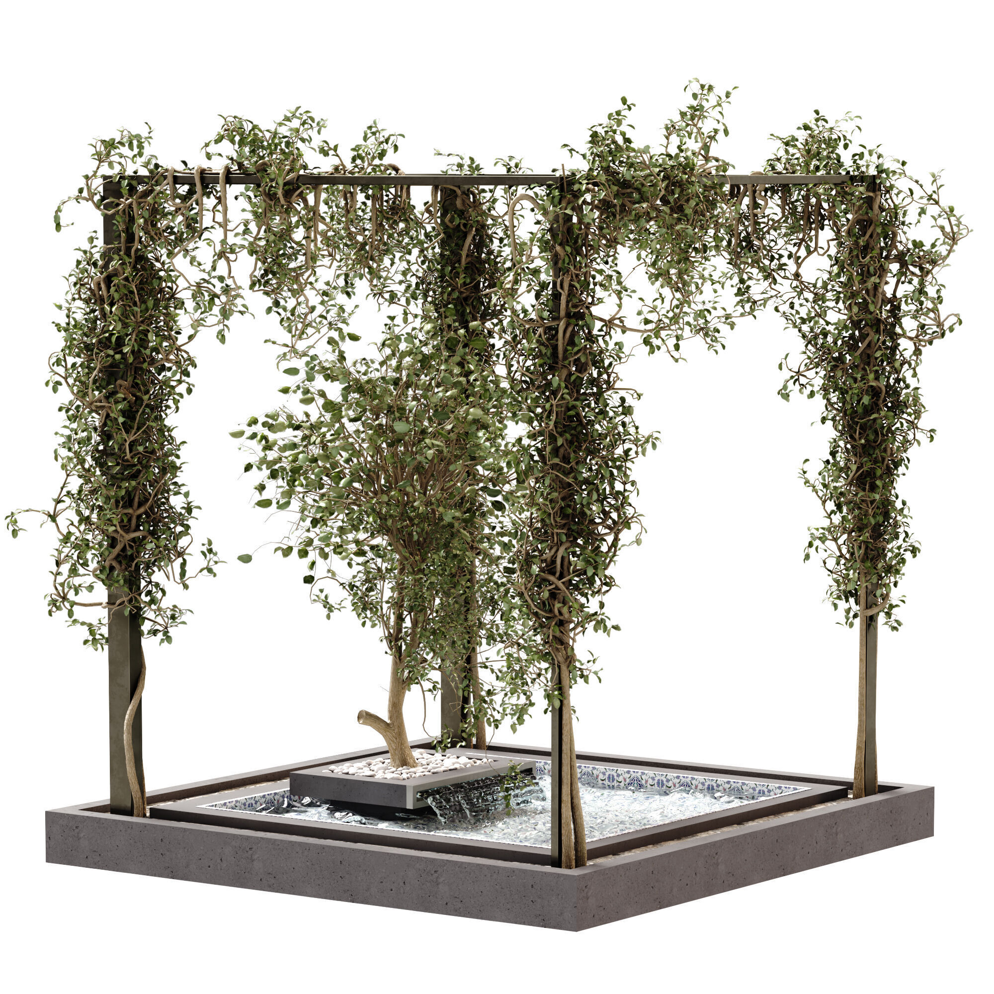 Landscape and courtyard plant in box and waterfall set 629 3D model_1