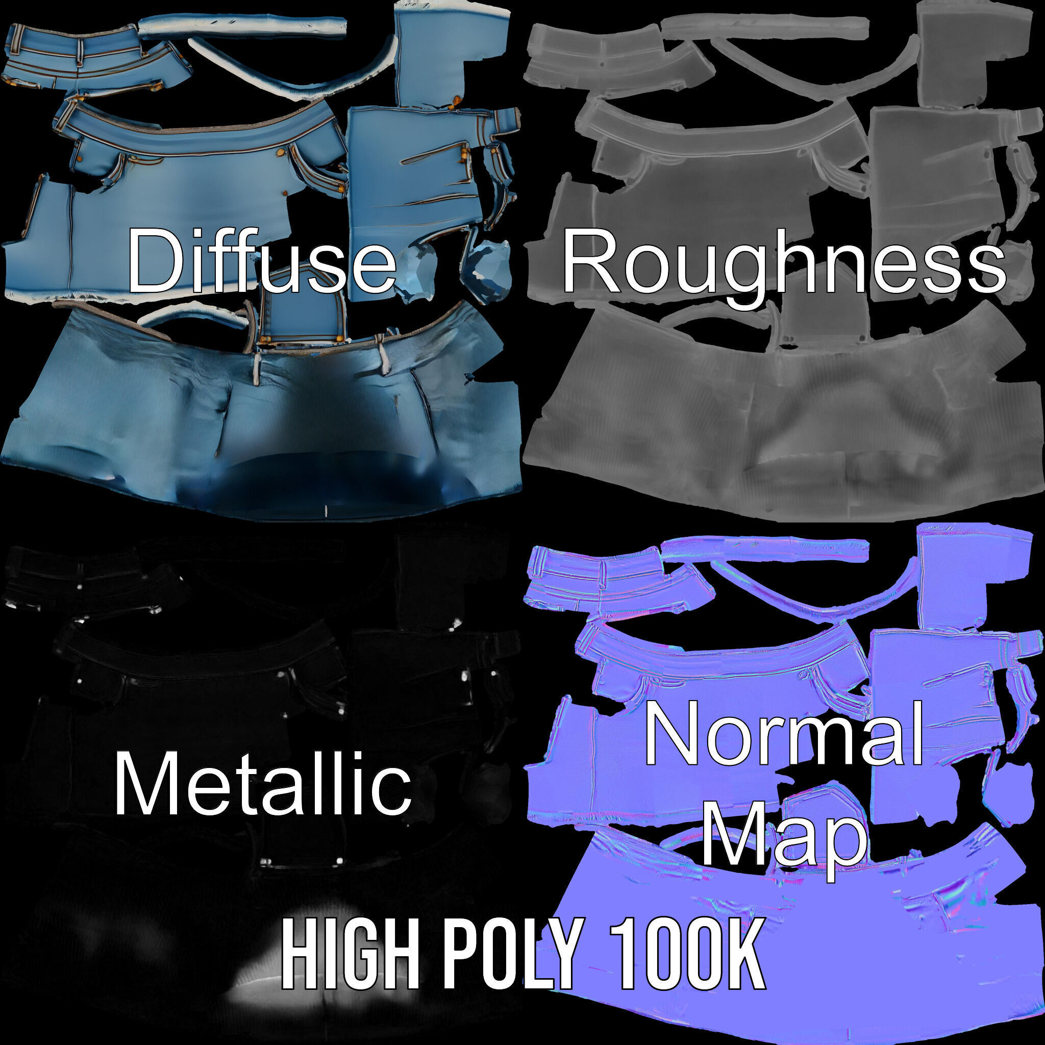 Denim Skirt Model Pack with Textured Details Low-poly 3D model_3