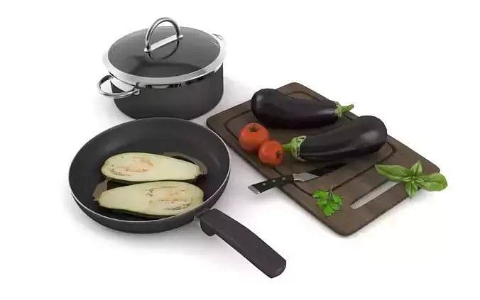 kitchenware with pan pot tomato and zuccini Free 3D model