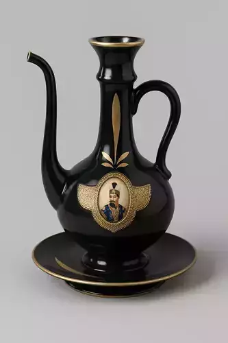 Persian Qajar Ceramic Ewer with Plate  Antique Decorative Vessel