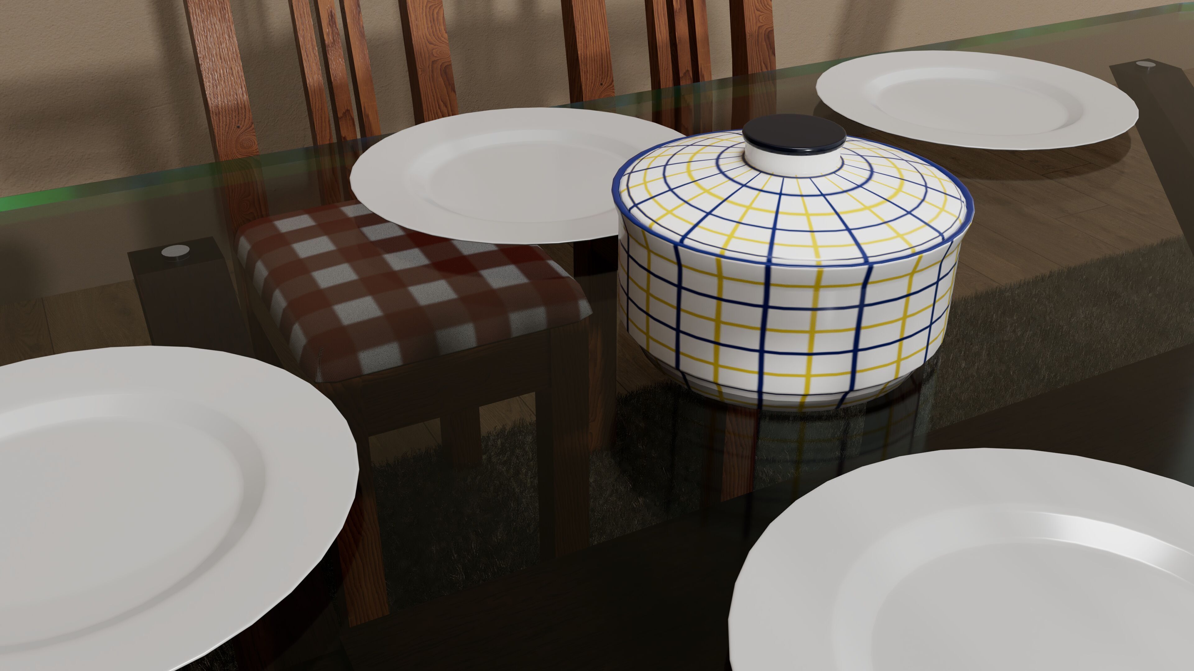 Modern Wooden Dining Table Set Low-poly 3D model_2
