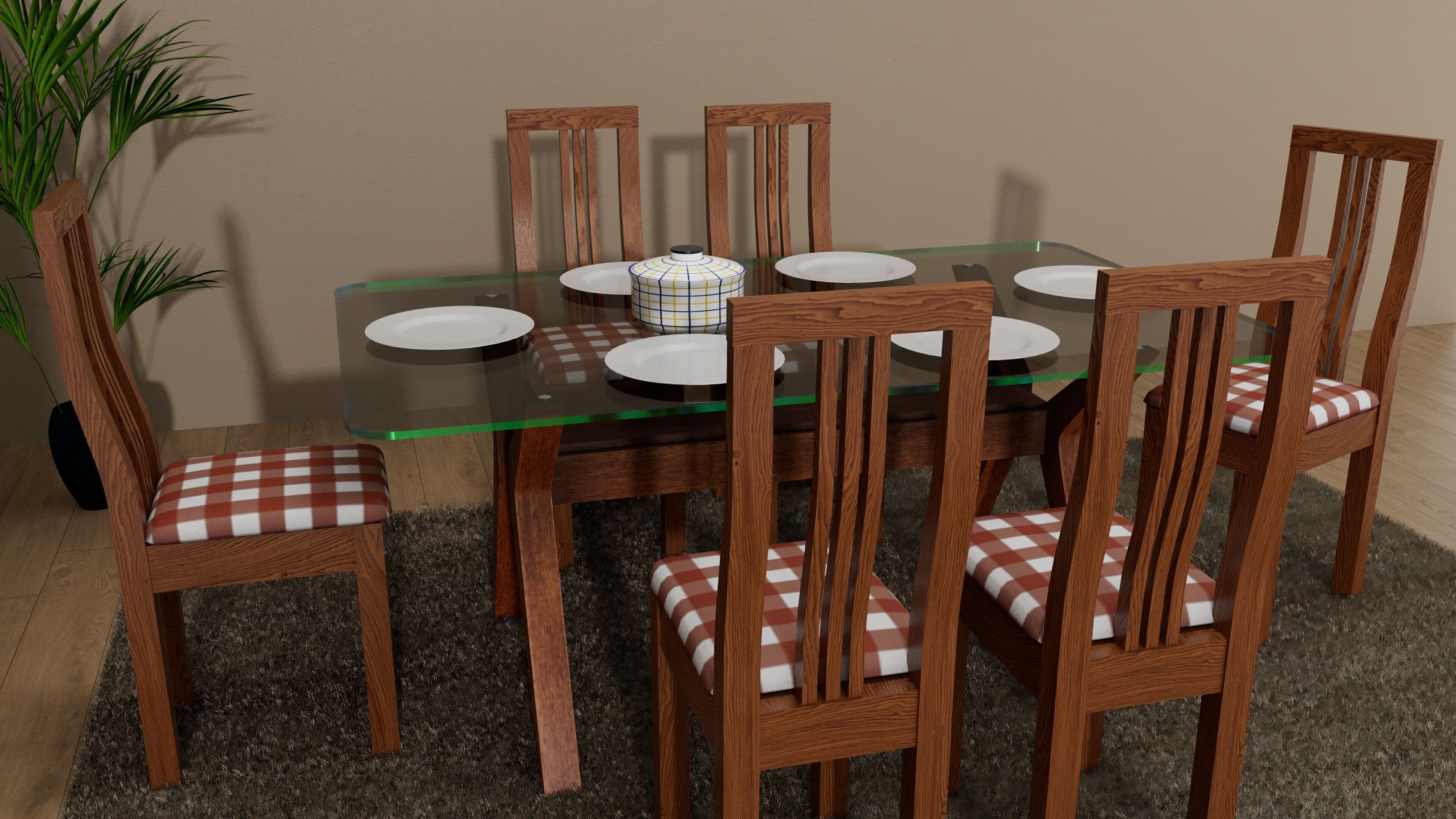 Modern Wooden Dining Table Set Low-poly 3D model_1