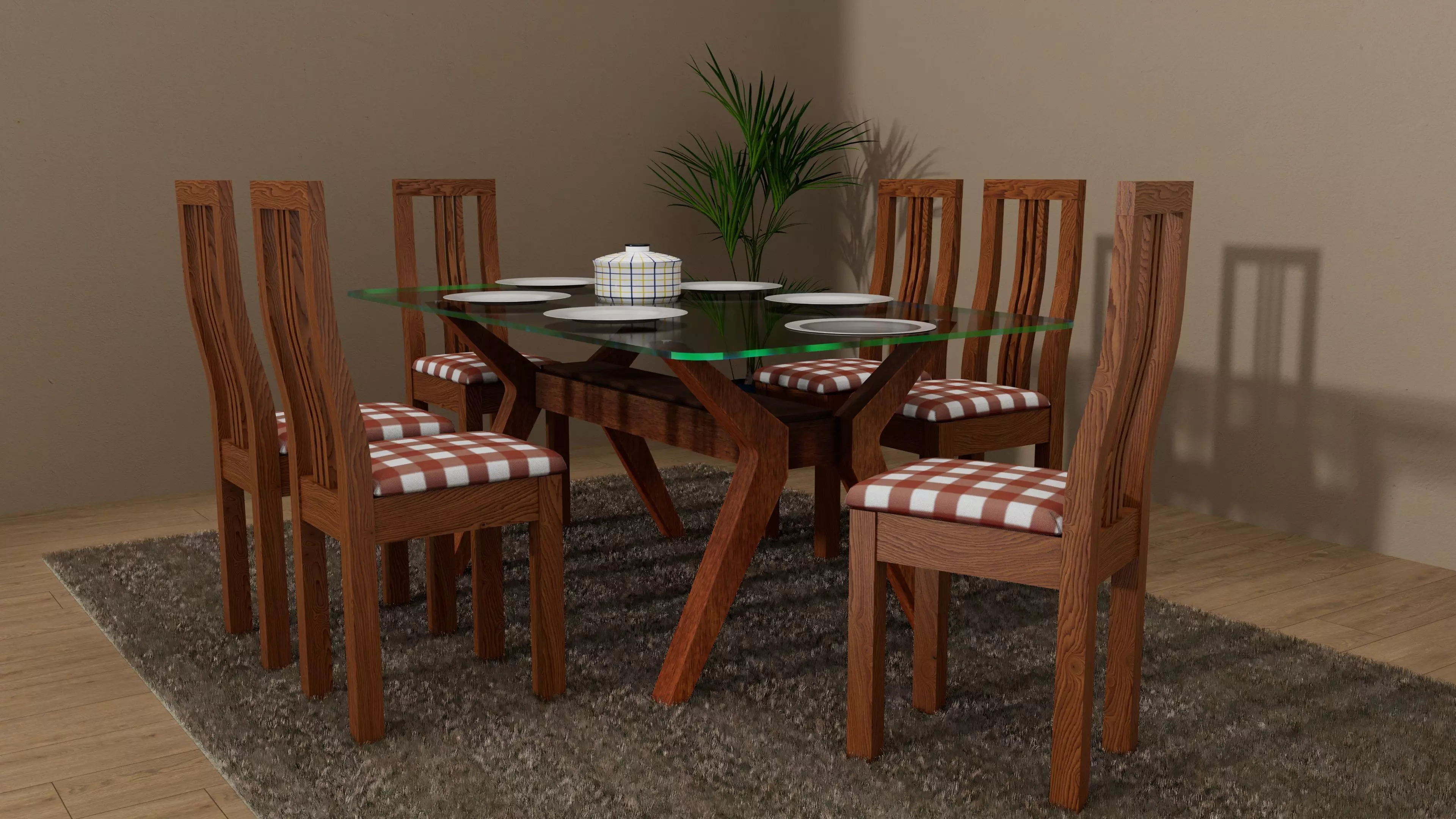 Modern Wooden Dining Table Set Low-poly 3D model_0