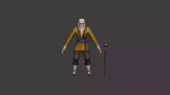 Stylized Old Wizard Character with Staff  Game Ready