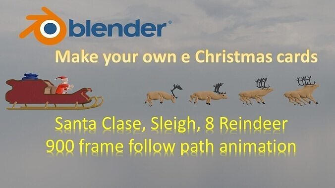 Santa sleigh and 8 reindeer pass in front of big blue moon Free 3D model