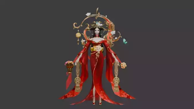 Stylized Eastern Empress Fantasy Game Character in Red Kimono