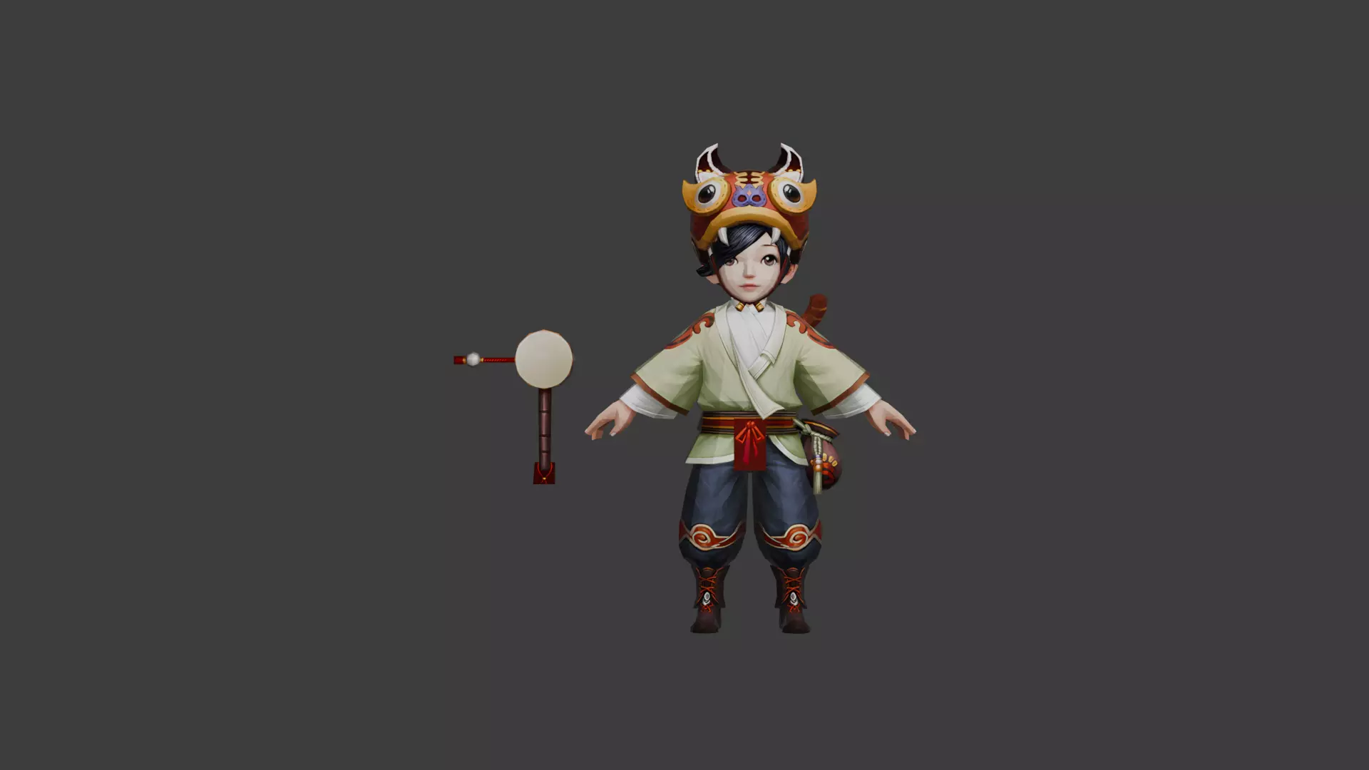 Charming Child Warrior with Traditional Attire and Mask 3D model_0